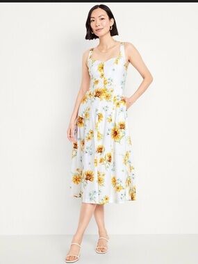 NWT Old Navy Sunflower Fit & Flare Sleeveless Linen-Blend Midi Dress XL